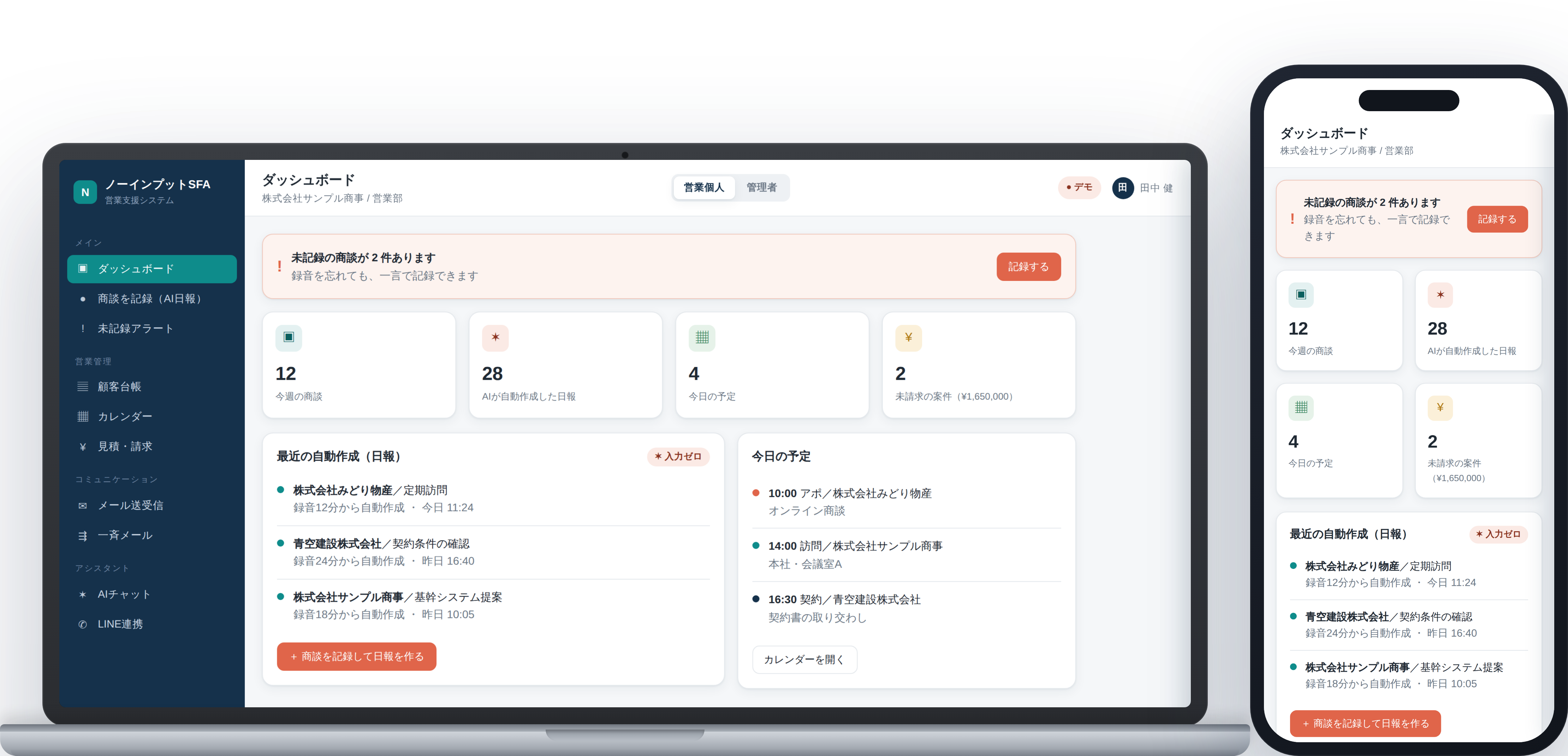 ノートPCとスマートフォンに表示されたゼロテマドットビズのダッシュボード。未記録アラート、当日の指標、録音から自動作成された日報の一覧が、PC・スマホ両方で確認できる。