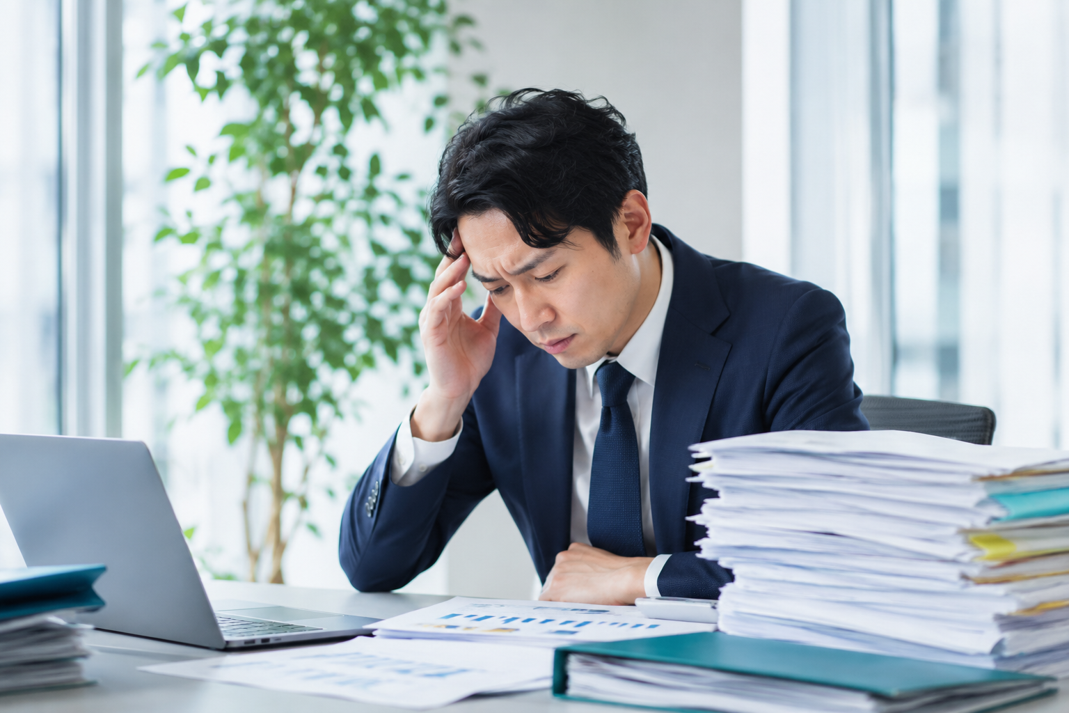 大量の書類を前に頭を抱える営業担当者