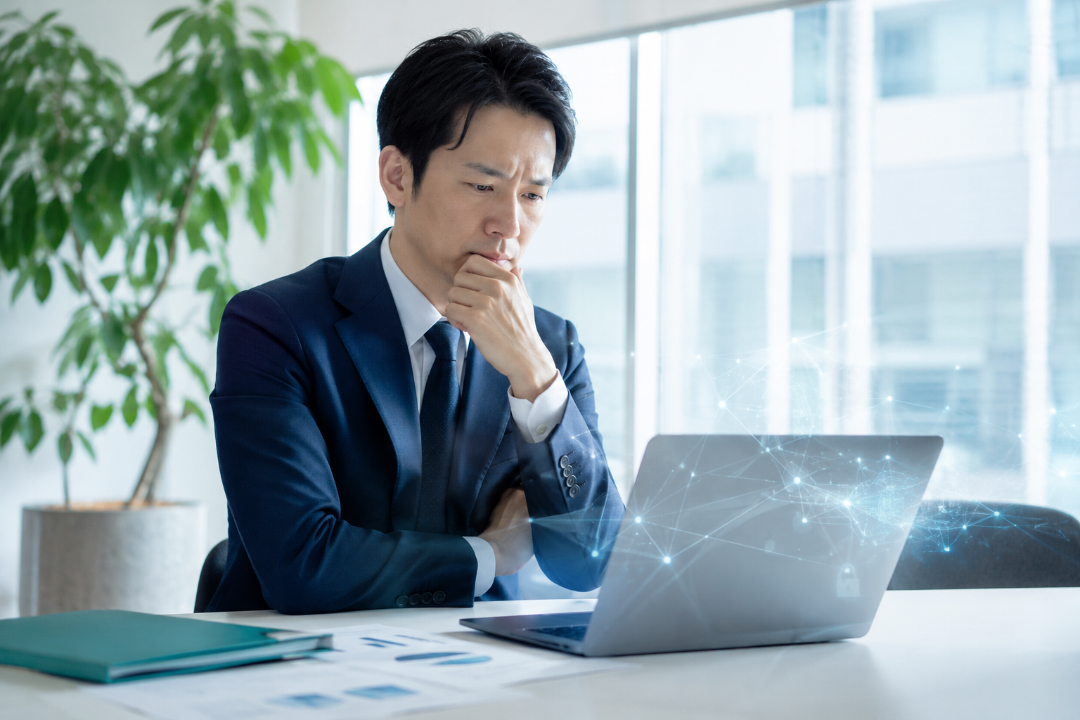 ノートPCの前でAI導入を迷い、考え込むビジネスパーソン。画面にはセキュリティを示すネットワーク状のグラフィック。